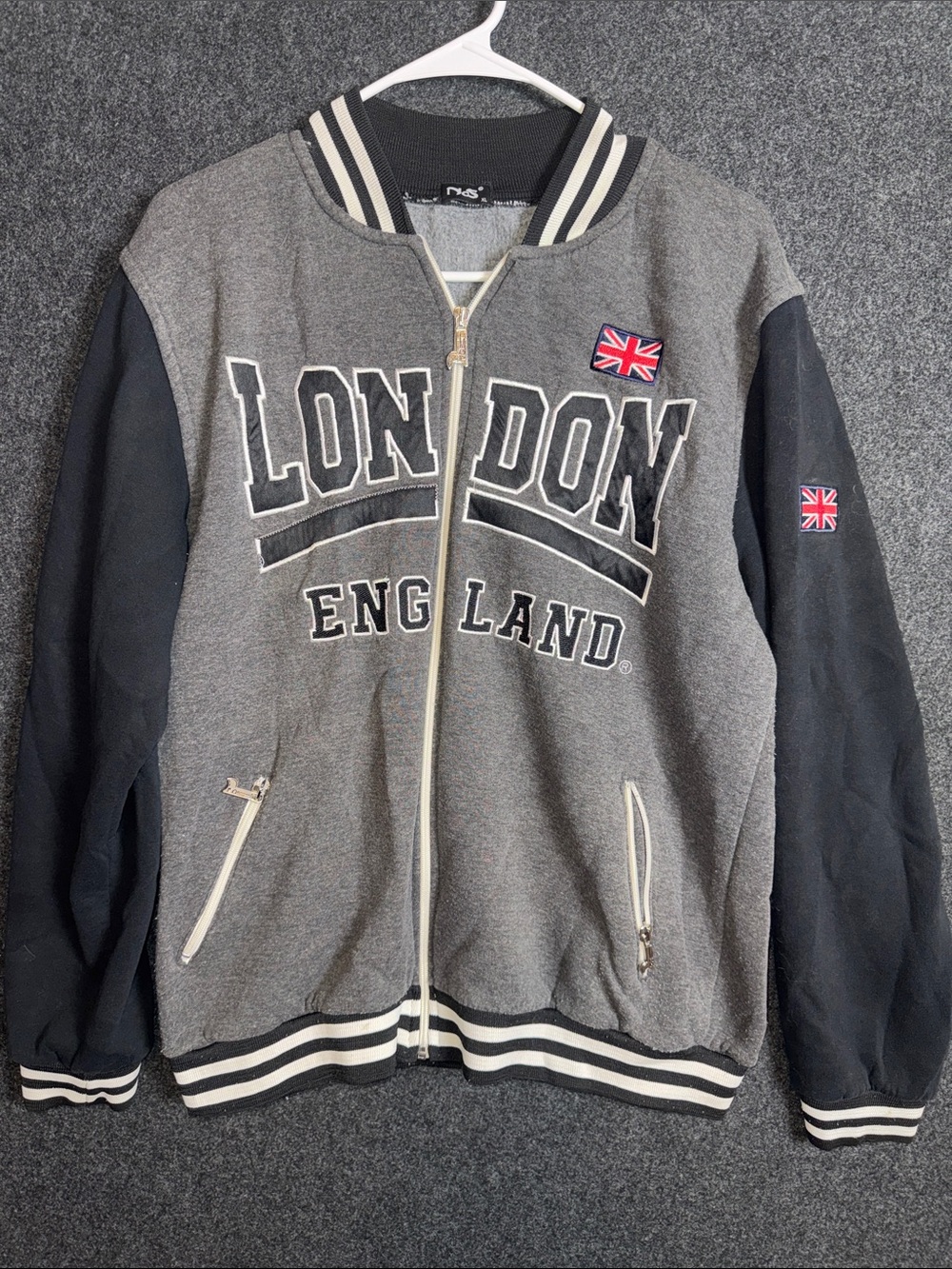 Nas London England Varsity Bomber Jacket Mens XL Grey Black Full Zip Sweatshirt